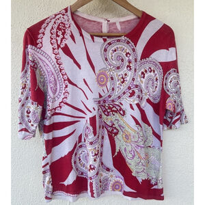 Balla Valentina Silk Cashmere Paisley Print Red Short Sleeve Top Luxury Elegant